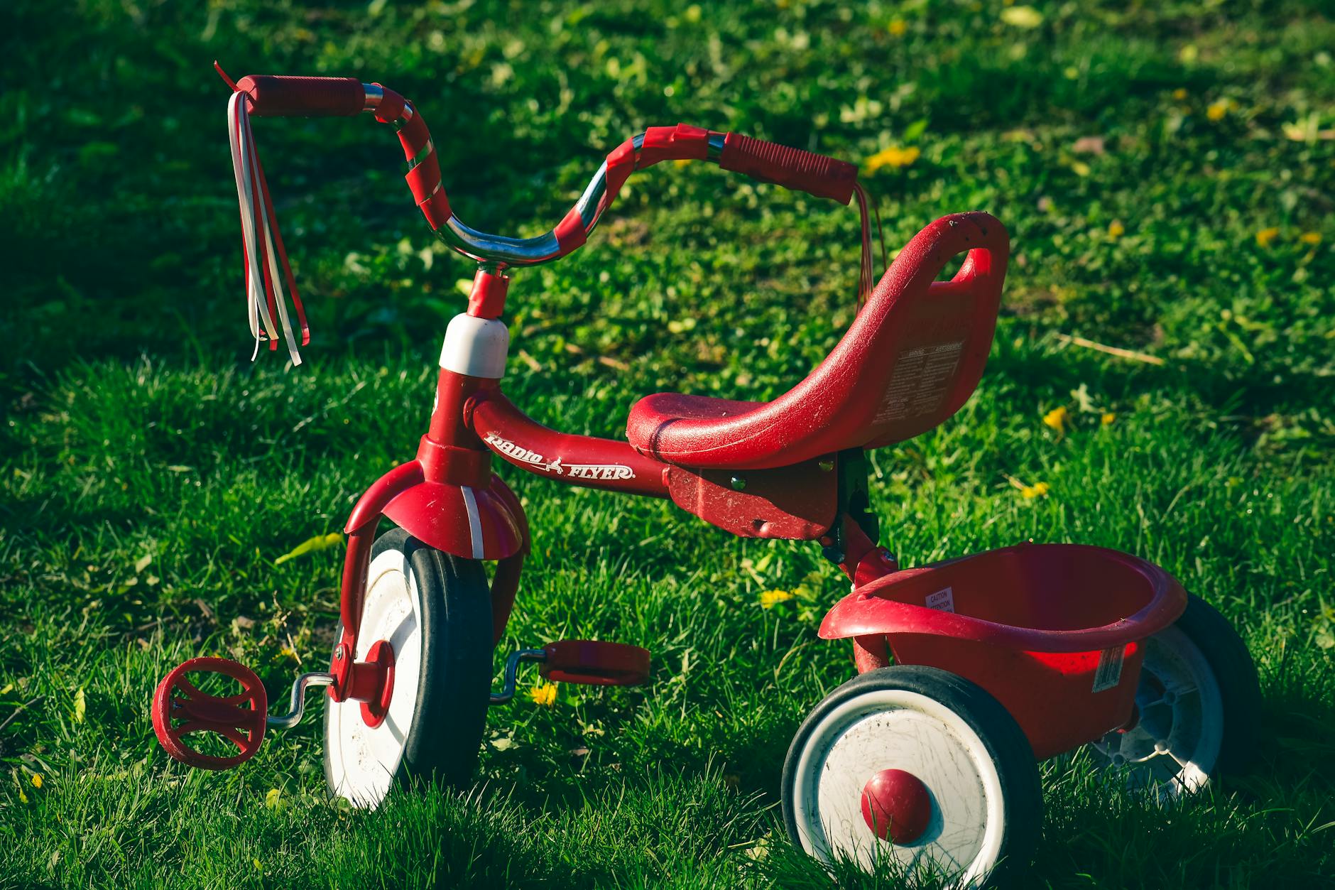 Vibrant red tricycle parked on a sunlit grassy lawn, perfect for nostalgic childhood memories.